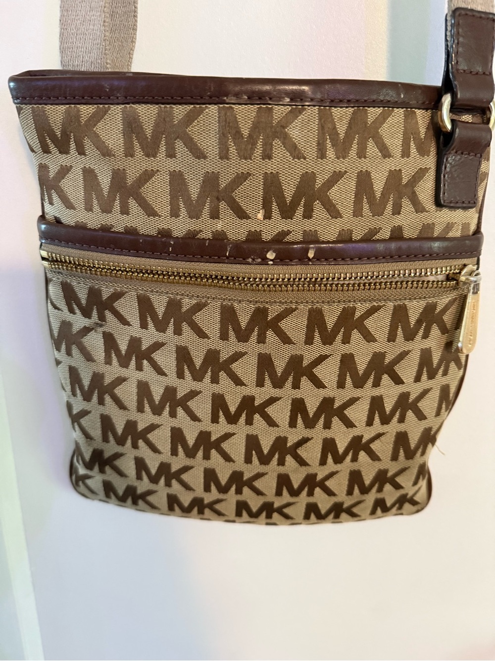 Michael Kors Tan and Brown MK Logo Messenger Bag